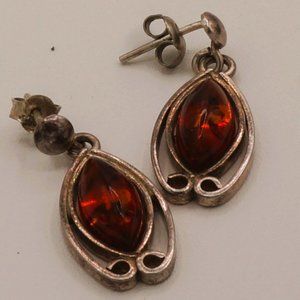 Vintage Faux Amber Cat Eye Shaped Sterling Silver Drop Earrings